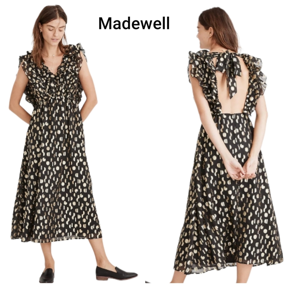 Nwot Madewell Black/Gold Metalic Clipdot Open Back Double Ruffle Cap Sleeve Maxi